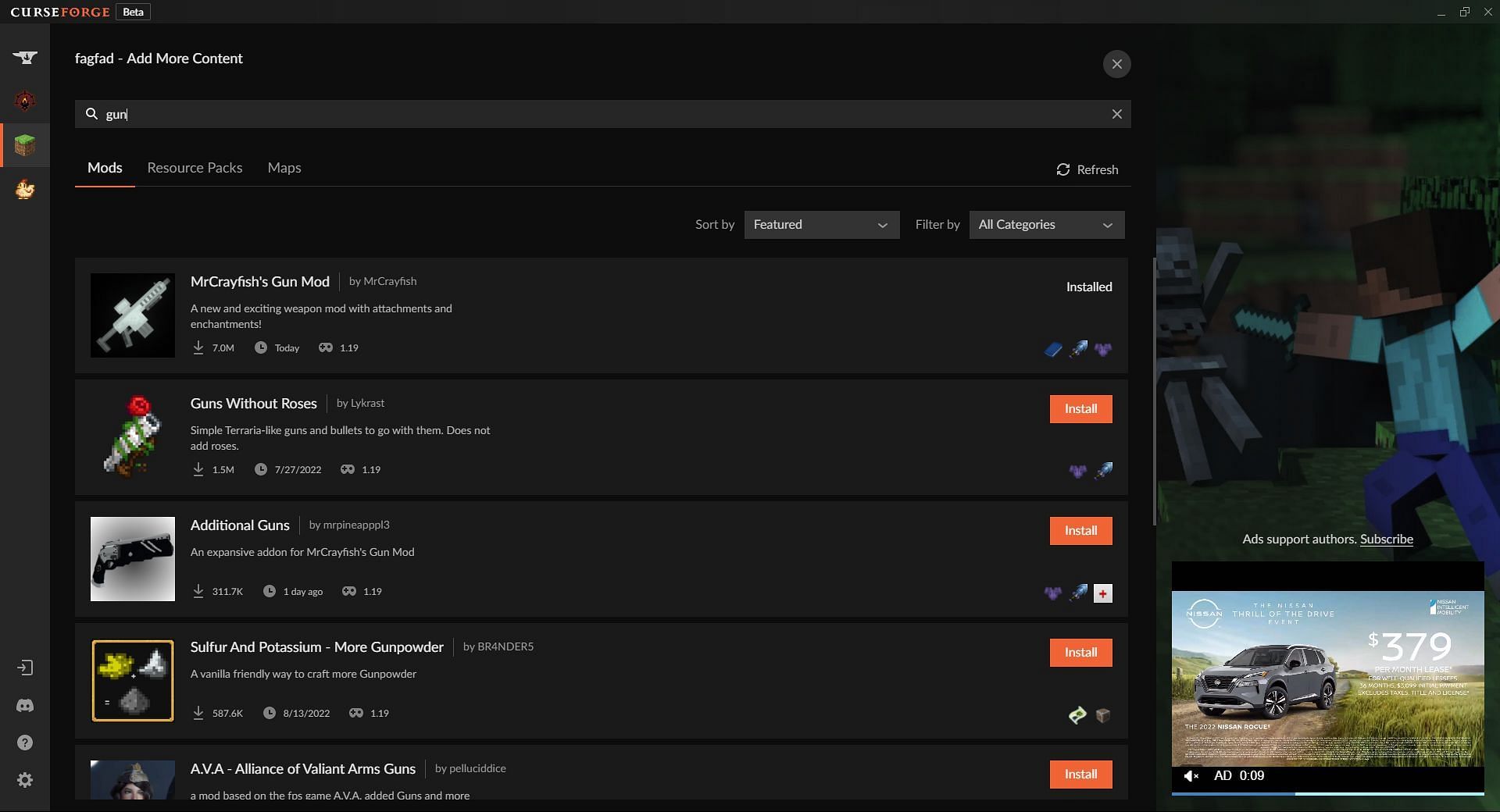The results for a search of the word &quot;gun&quot; (Image via CurseForge)