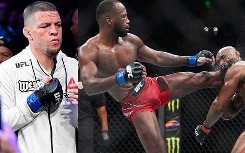 Nate Diaz (Left); Leon Edwards kicks Kamaru Usman (Right) [Images courtesy of Getty and @btsportufc Twitter account]