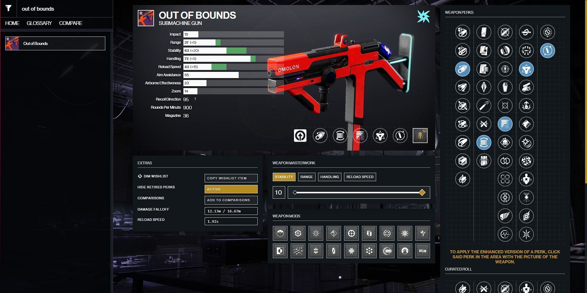 PvE god roll on Out of Bounds (Image via Destiny 2 Gunsmith)