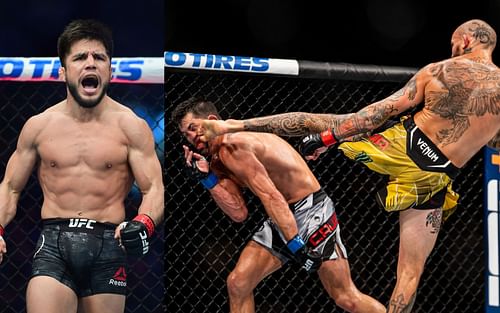 Henry Cejudo (left, image courtesy of Getty); Dominick Cruz and Marlon Vera (right, image courtesy of @SandhuMMA via @btsport Twitter)