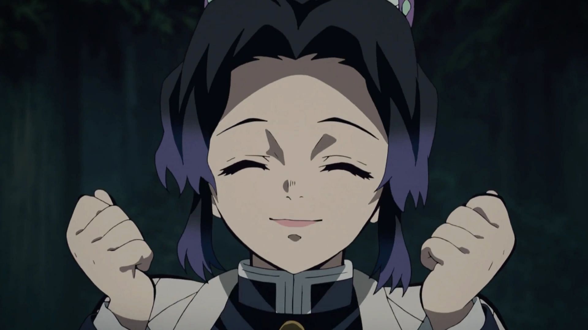 Shinobu Kocho, a character from the anime Demon Slayer, is shown with a joyful smile on her face
