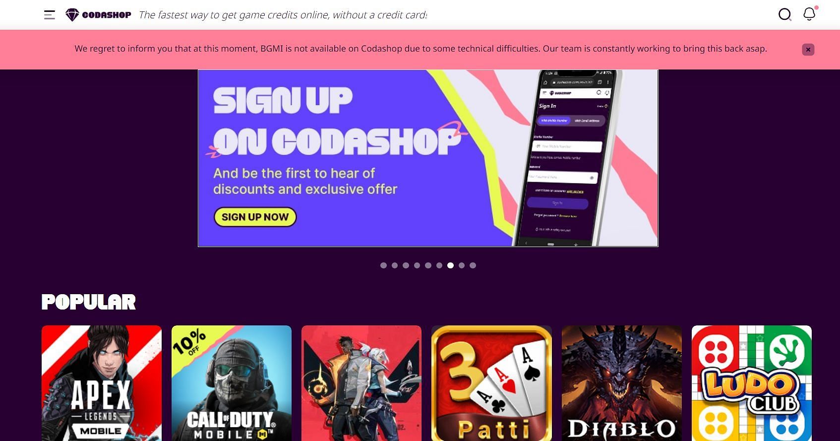 A notification banner on Codashop&#039;s website showing the unavailability of Battlegrounds Mobile India (Image via Codashop)