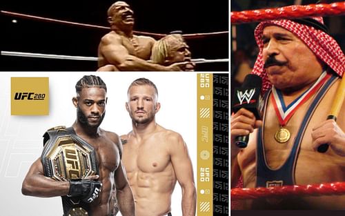 Aljamain Sterling (bottom left), TJ Dillashaw (bottom right), Iron Sheik (right), Iron Sheik and Hulk Hogan (above right) [Images Courtesy @FunkMasterMMA on Twitter]