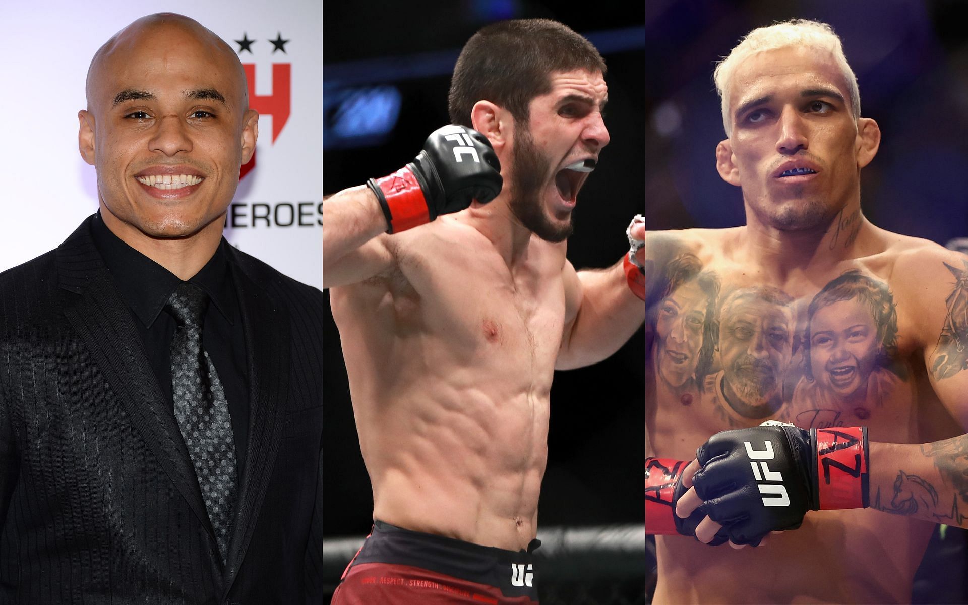 Abdelaziz, Makhachev, and Oliveira (left, center, and right)