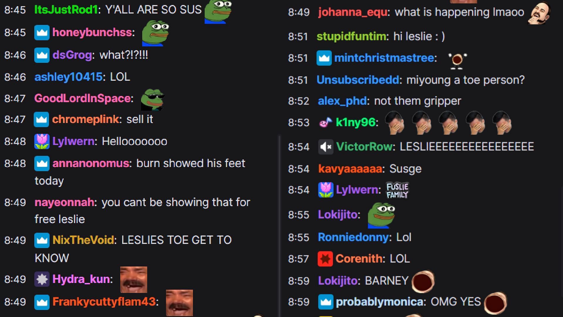 Leslie&#039;s chat reacting to Sykkuno&#039;s toe conversation (Image via fuslie/Twitch)