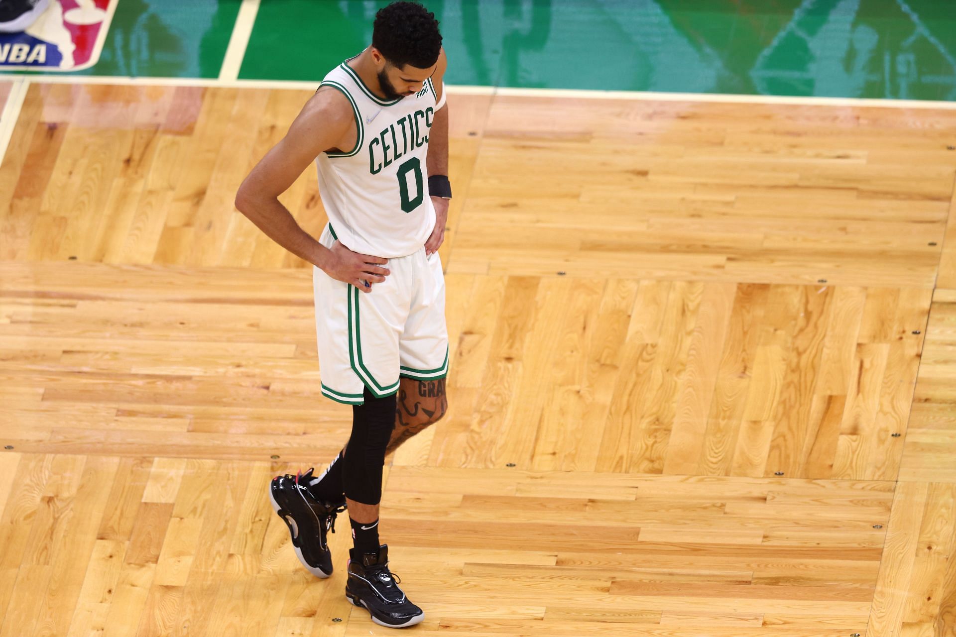 Jayson Tatum reacts to a play in the Finals