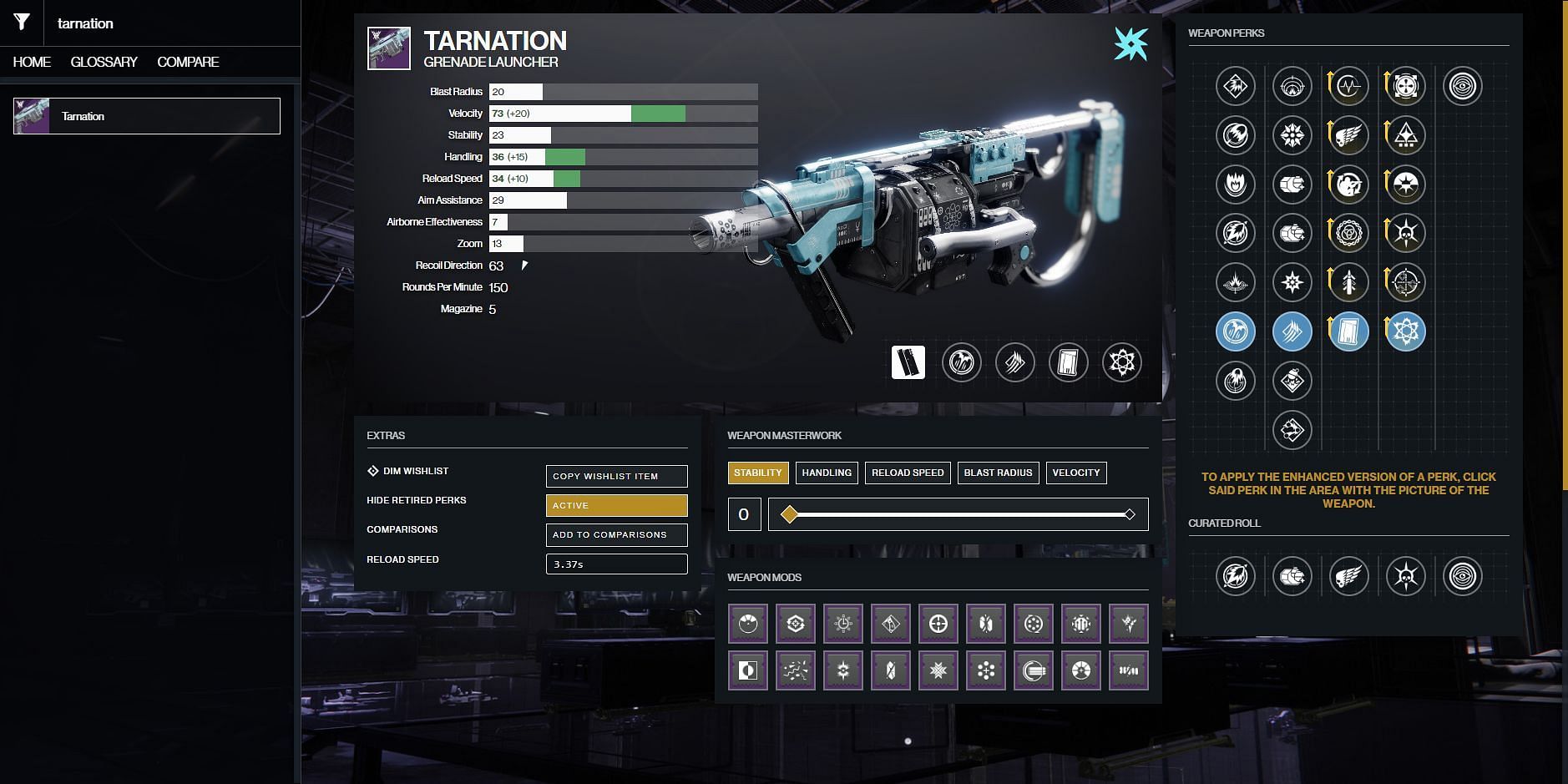 Tarnation PvE god roll (Image via Destiny 2 Gunsmith)