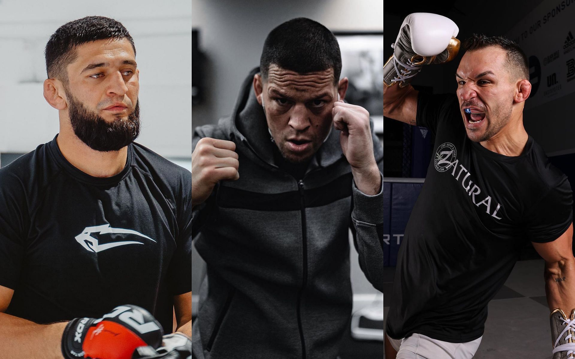 (from left to right) Khamzat Chimaev, Nate Diaz, and Michael Chandler (images courtesy of @khamzat_chimaev, @natediaz209, and @mikechandlermma from Instagram)