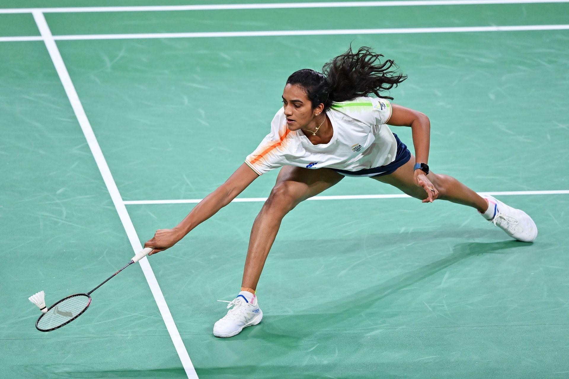 PV Sindhu in action during her singles match (Image courtesy: Getty)