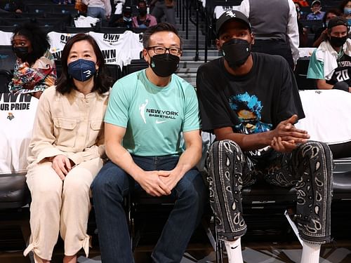 Clara Wu Tsai, Joe Tsai and Kevin Durant court-side