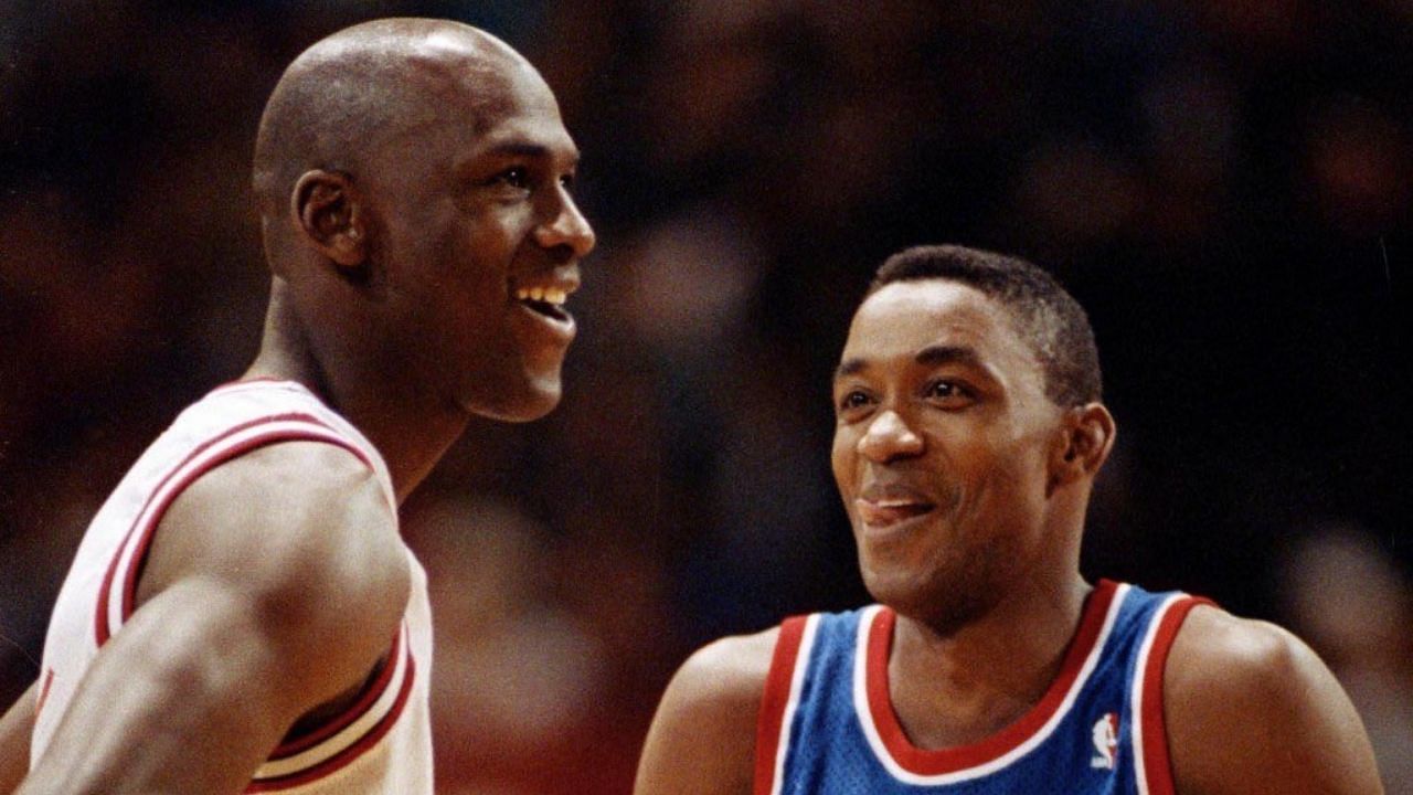 Detroit Pistons star guard Isiah Thomas and Chicago Bulls shooting guard Michael Jordan.