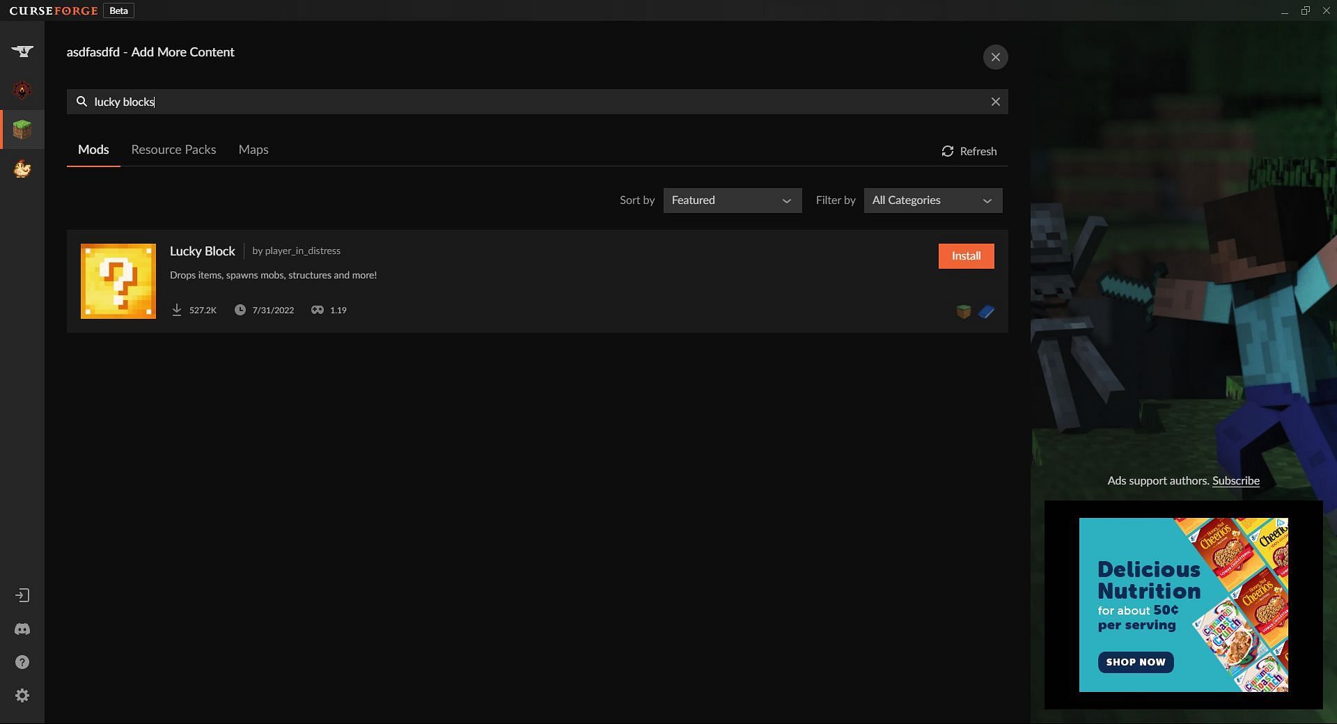 The search results for &quot;Lucky Block&quot; on CurseForge (Image via CurseForge)