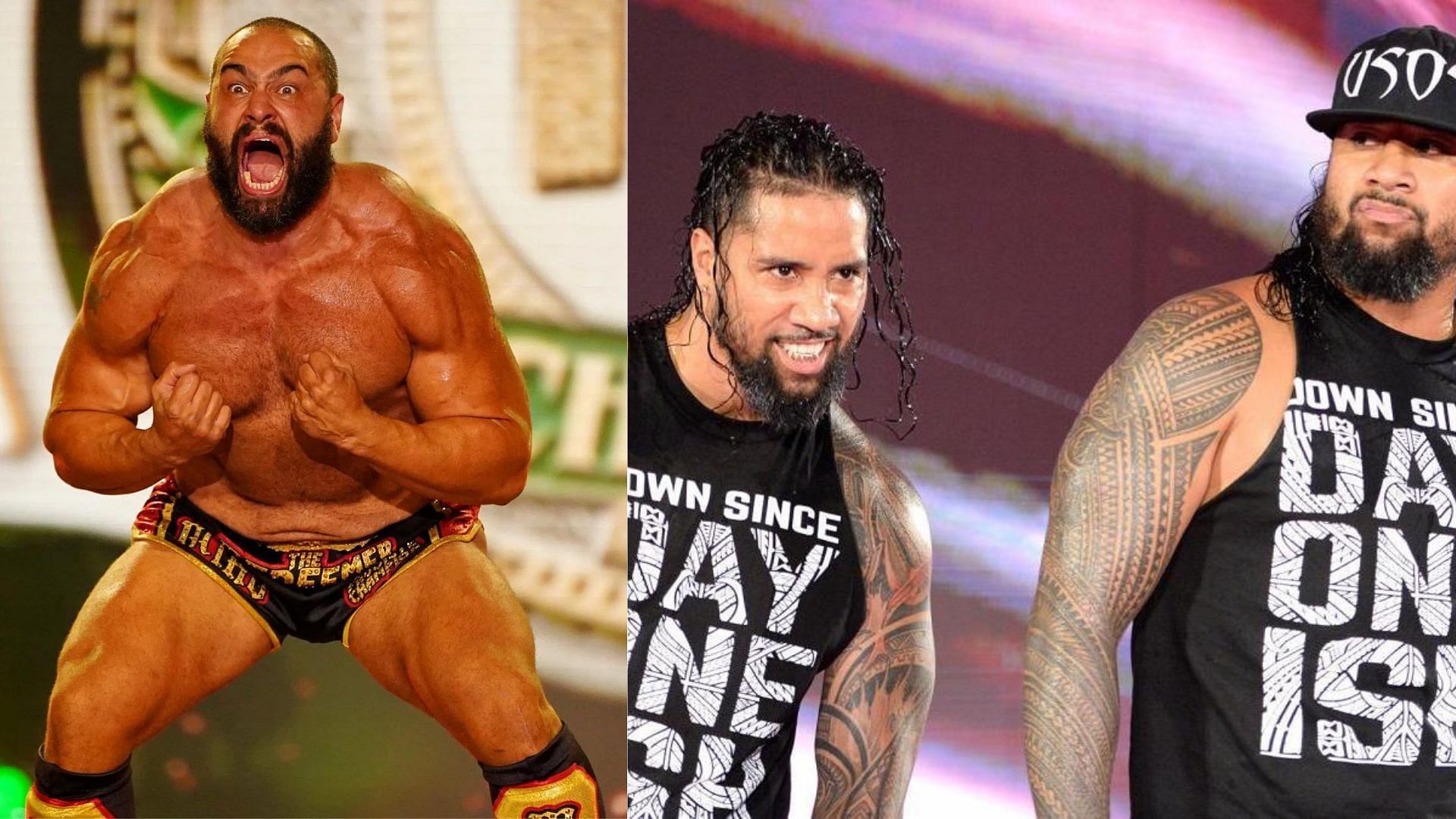 Miro in AEW (left); The Usos in WWE (right)