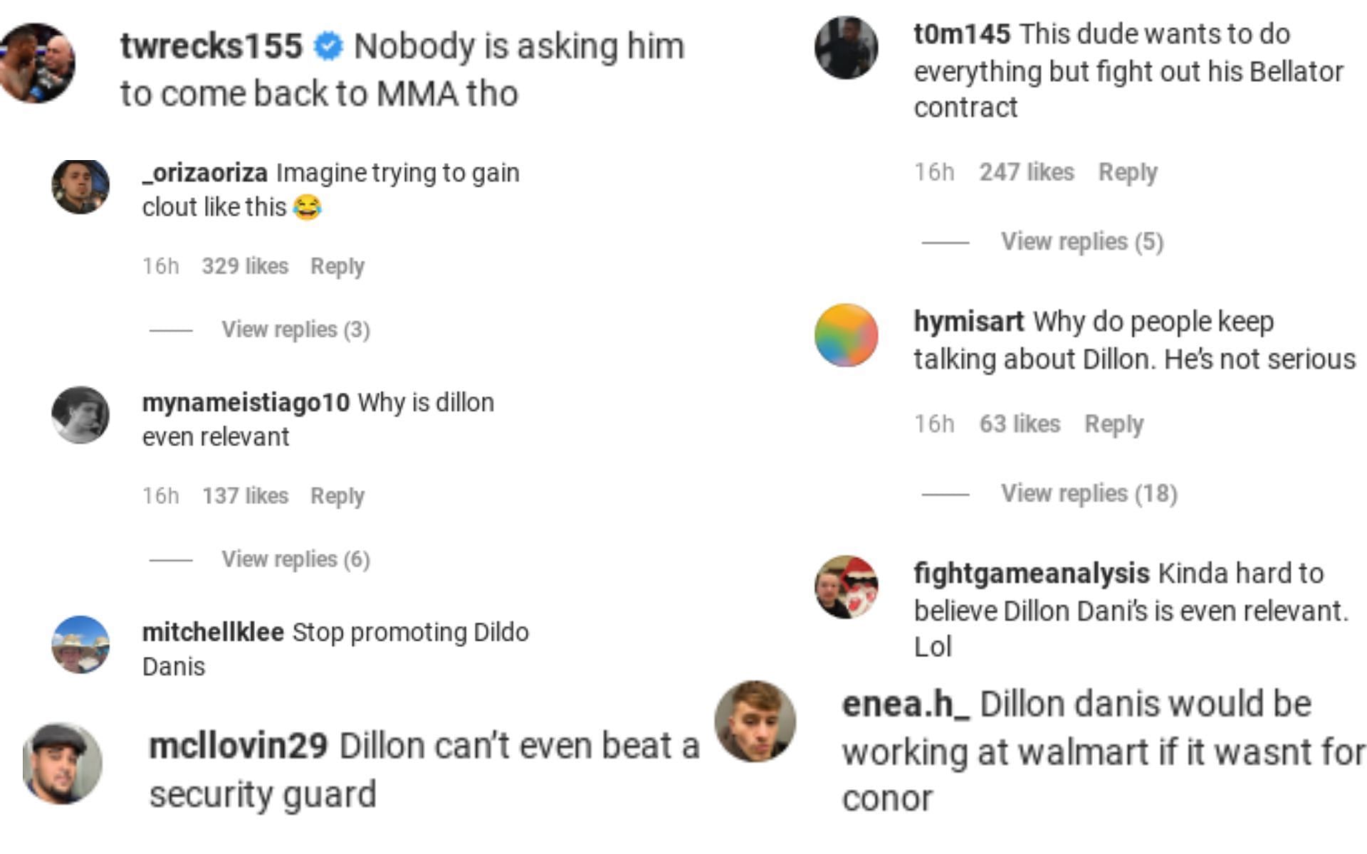 Fans react to Dillon Danis calling out Andrew Tate. [Images via fullviolence on Instagram]