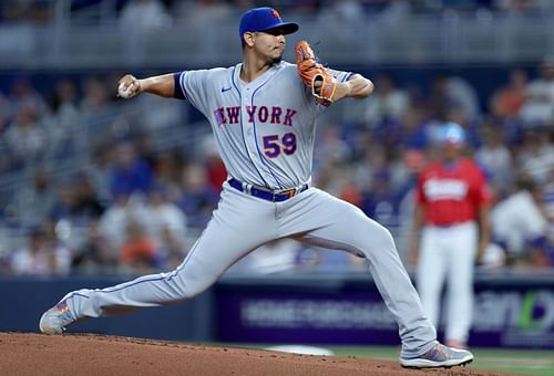 Carlos Carrasco of the Mets in a game vs. the Miami Marlins