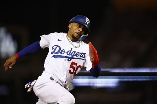 Mookie Betts of the Dodgers in a game versus the Minnesota Twins.