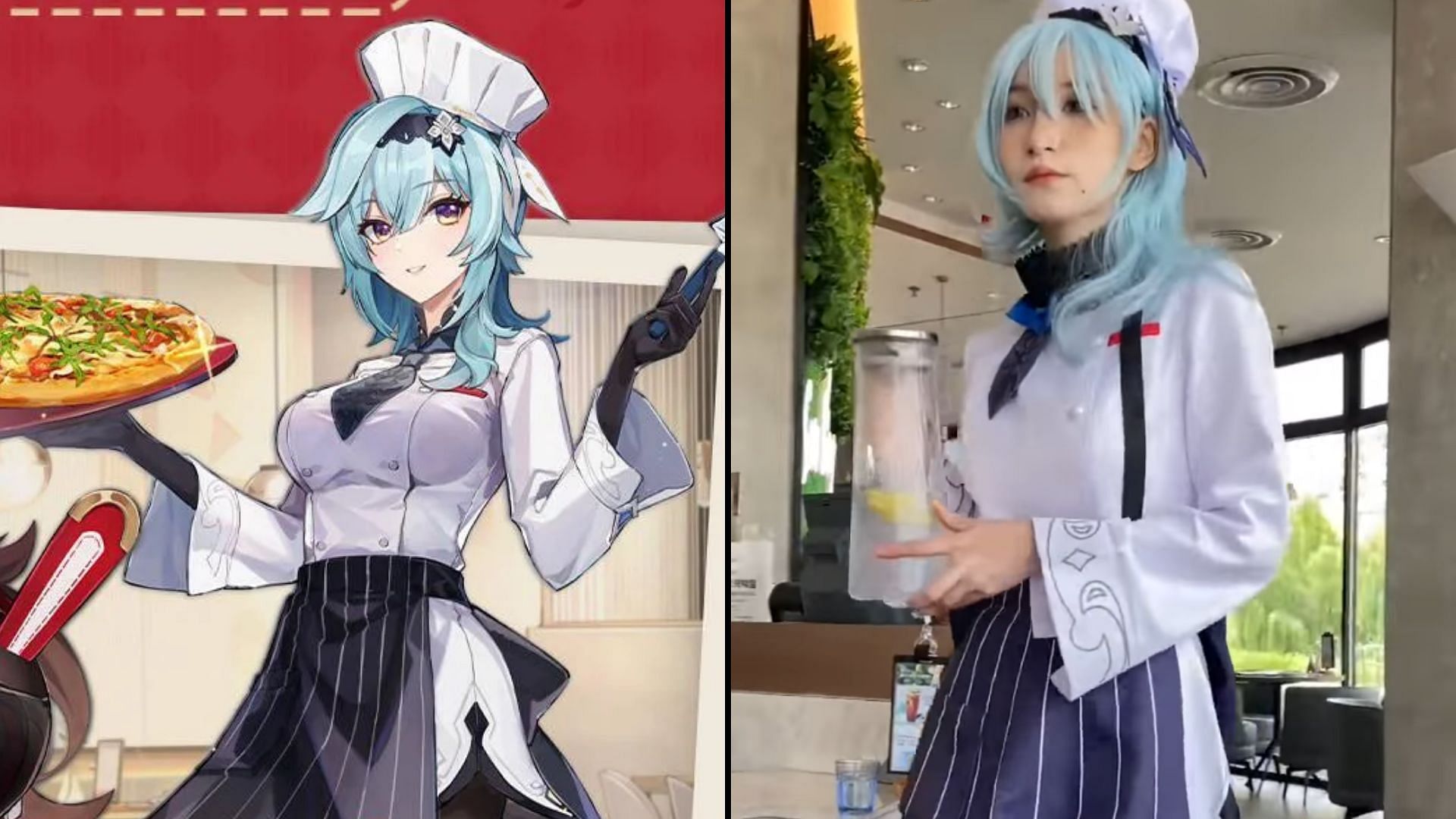 Eula&#039;s new outfit on the left, and an employee cosplaying on the right (Image via HoYoverse, Pizza Hut)