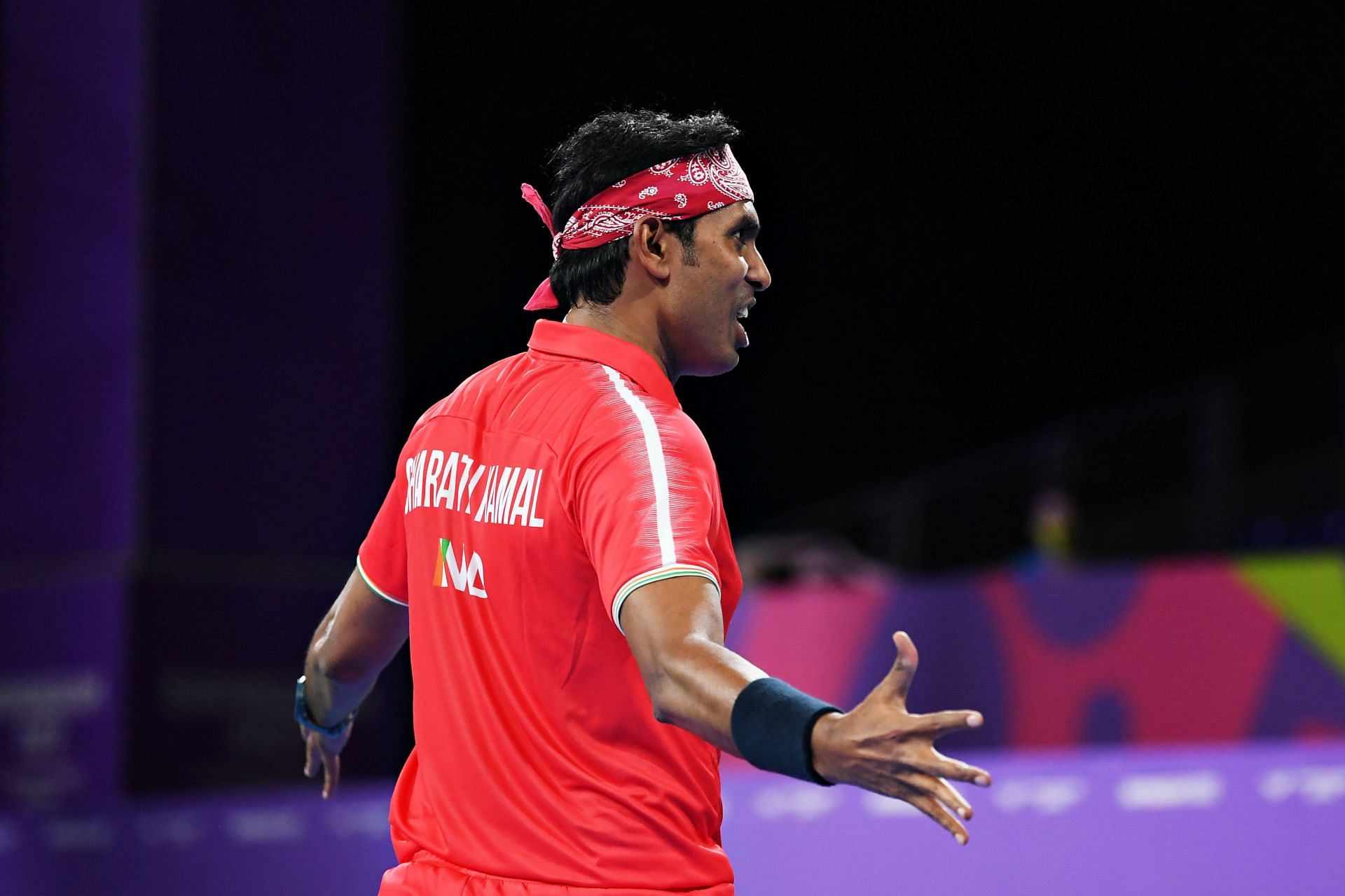 Achanat Sharath Kamal exults after beating Aruna Quadri. (PC: Getty Images)