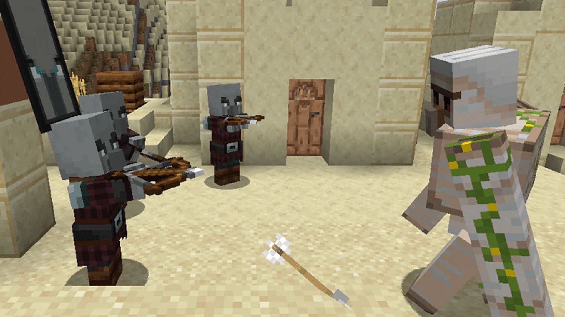Pillagers attack a village&#039;s iron golem (Image via Minecraft.net)