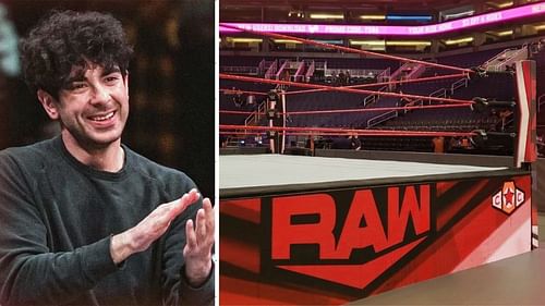 AEW President Tony Khan (left) and a WWE RAW ring (right).