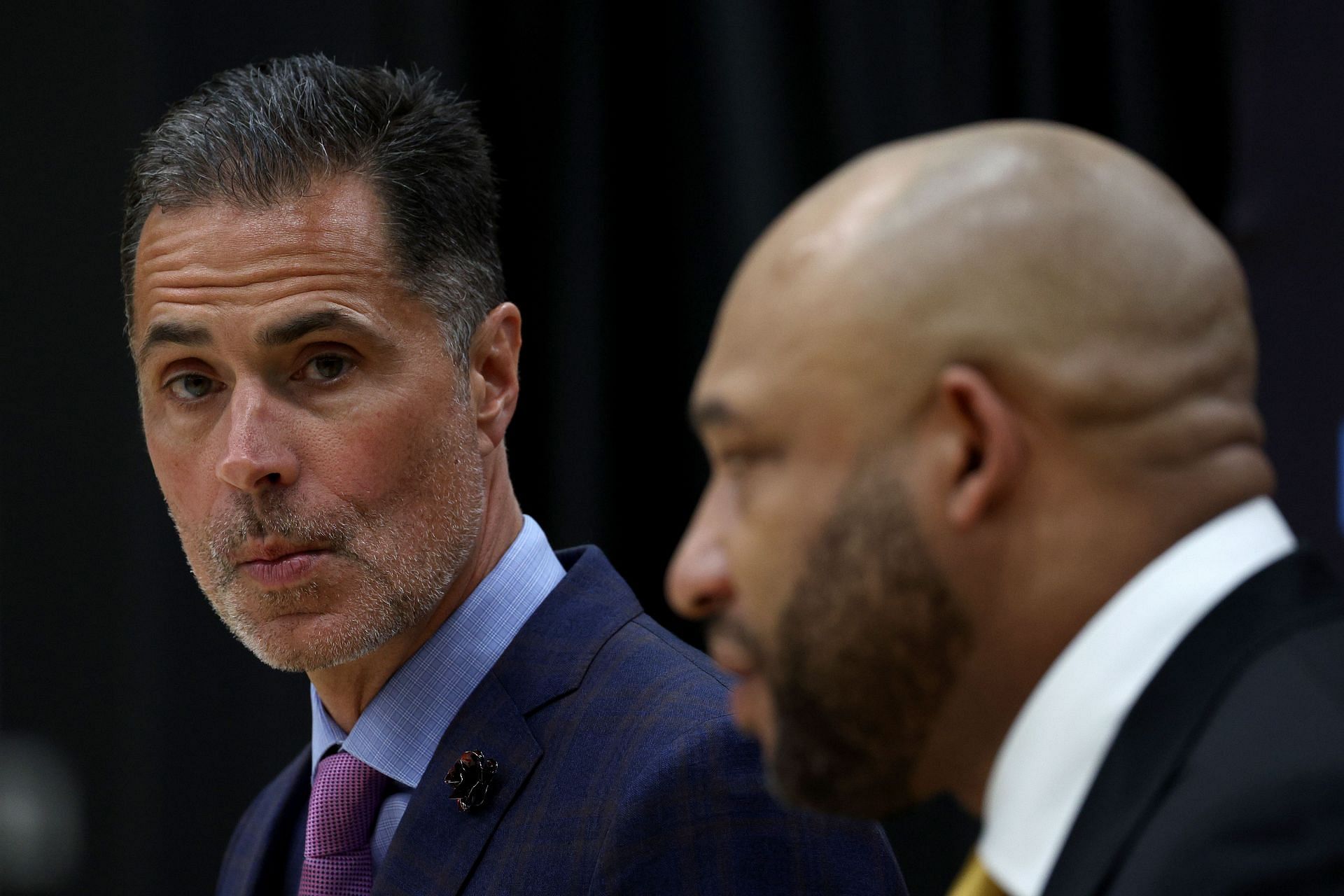 LA Lakers general manager Rob Pelinka, left