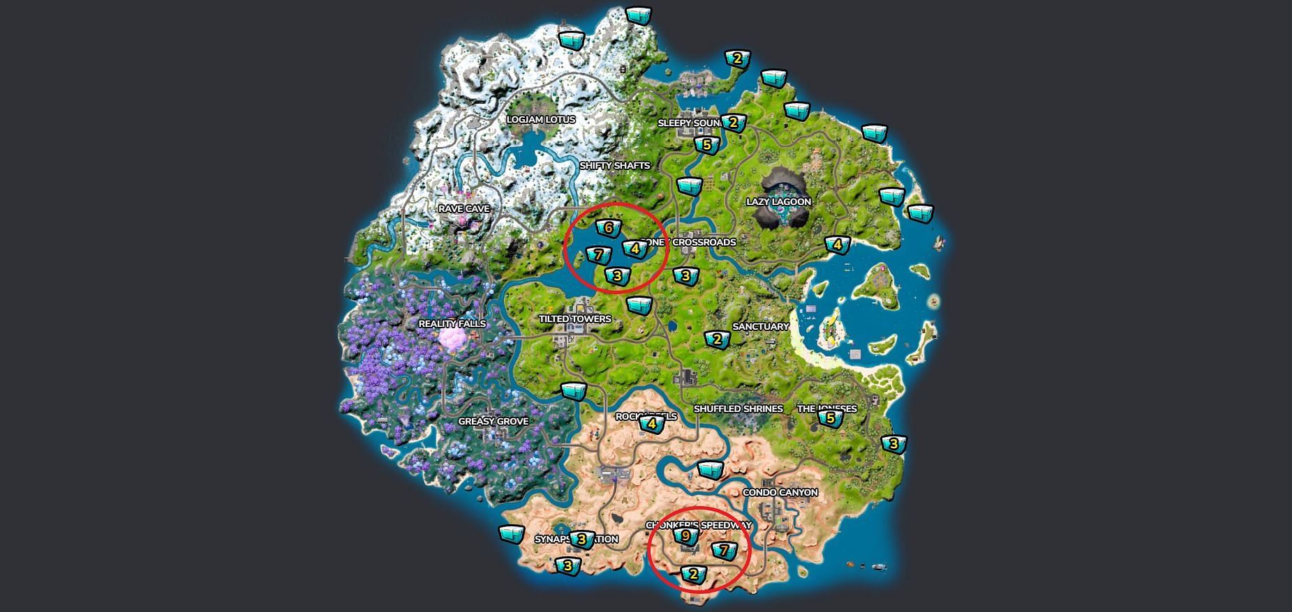 Concentration of Coolers on the map (Image via Fortnite.GG)