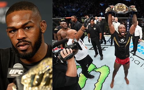 Jon Jones (left) and Leon Edwards celebrating after beating Kamaru Usman (right)