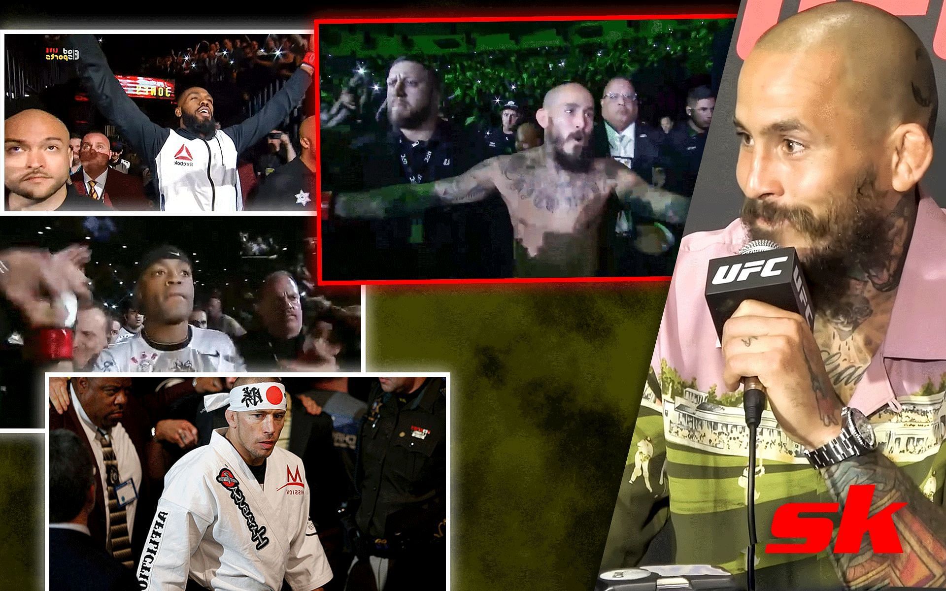 Jon Jones (top left), Anderson Silva (center left), Georges St-Pierre (bottom left), and Marlon Vera (center and right). [Images: Vera images from YouTube MMAFighting and Instagram @chitoveraufc, GSP image from ufc.com, Silva image from YouTube mattyboyluvsthepoon, Jones image from YouTube wonderfulBrown]