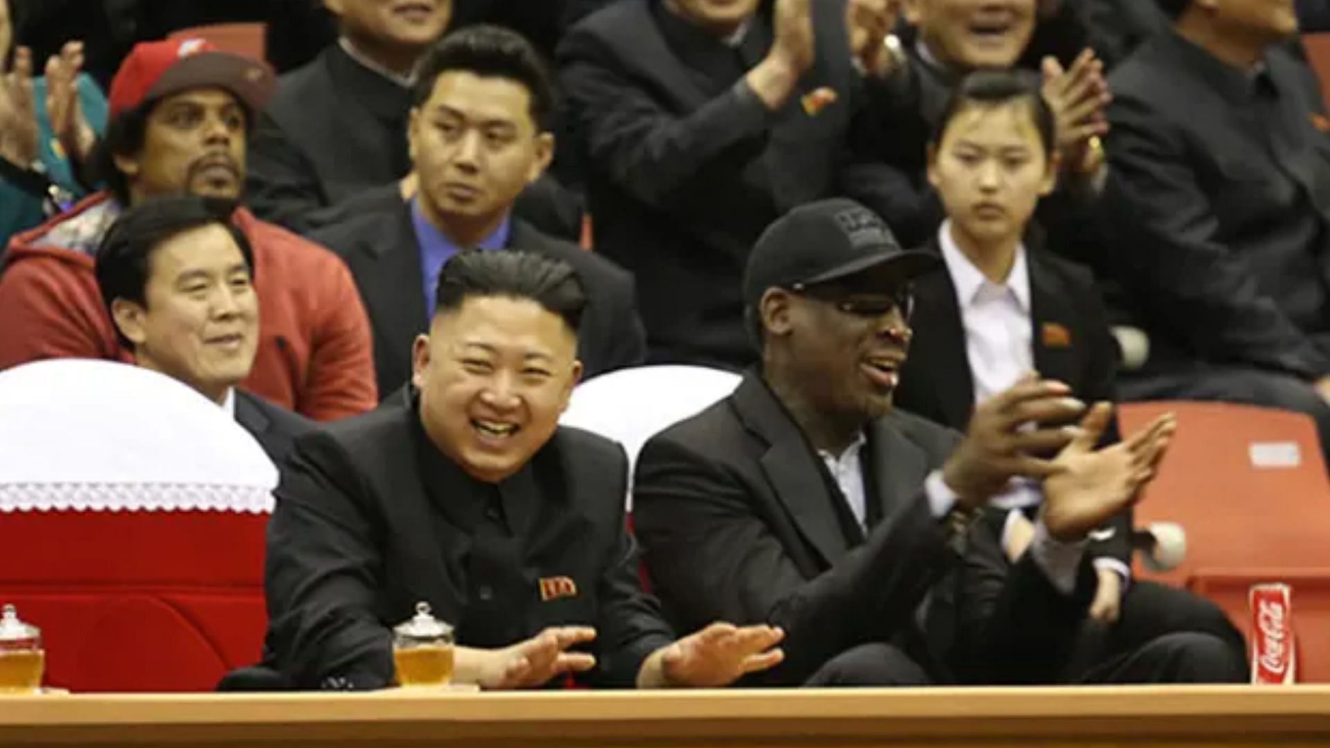 Dennis Rodman and Kim Jong-un enjoying a basketball game together. (Image via Jason Mojica/Getty)