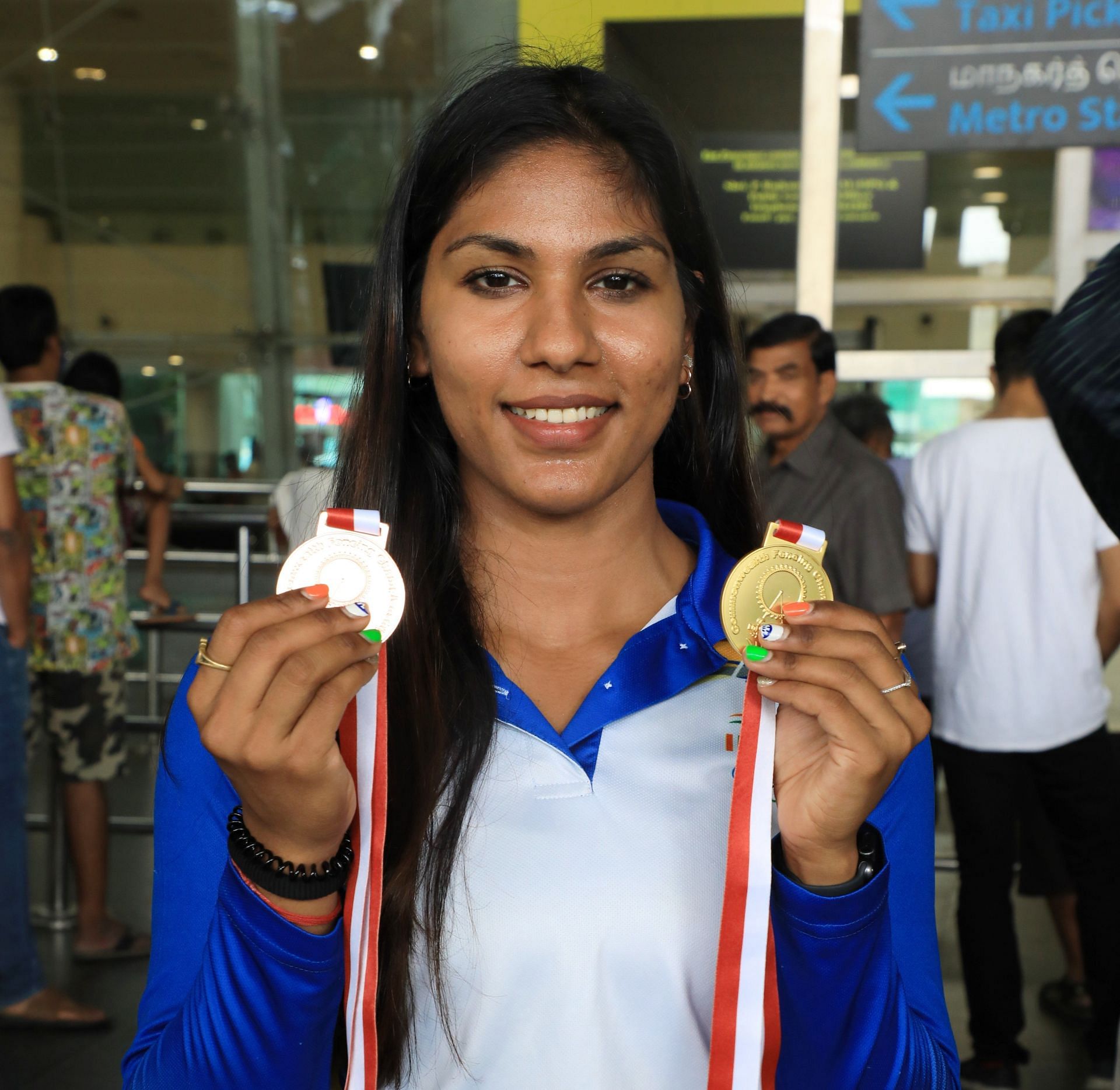 CA Bhavani Devi at the Chennai Airport after her arrival from London. (PC: Special Arrangement)