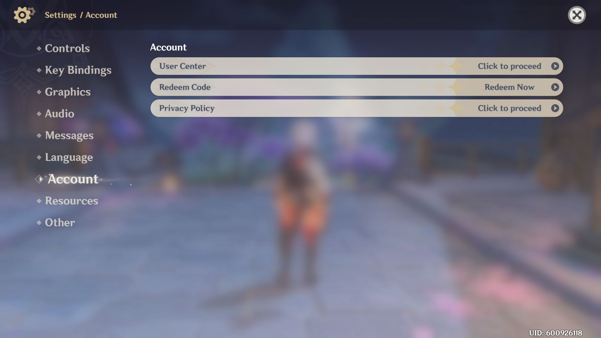 Open Account inside the Settings tab (Image via HoYoverse)