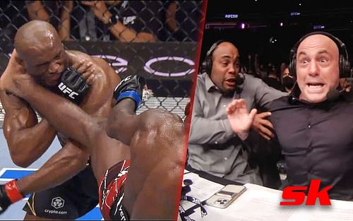 Leon Edwards' head kick KO of Kamaru Usman (L) (via @ufc on Instagram), Joe Rogan and Daniel Cormier's reactions (R) (via @ufc on YouTube)