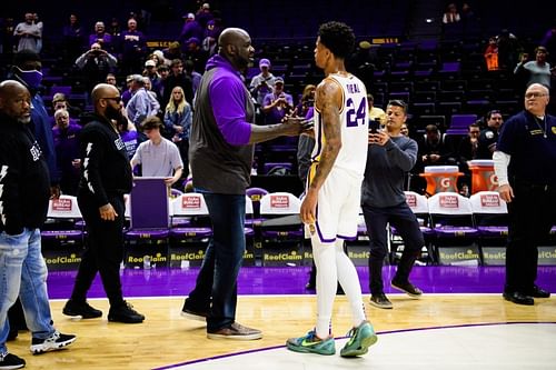 Shaquille O'Neal and his son Shareef O'Neal after an LSU game.