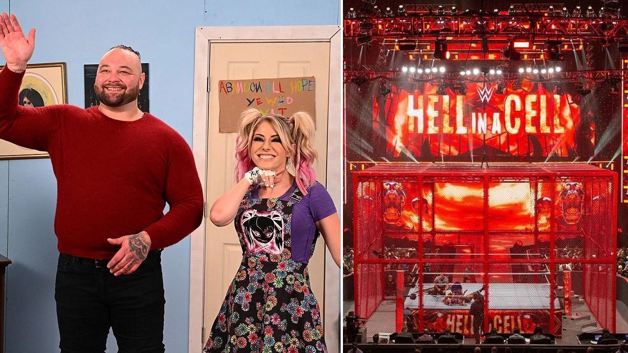 Bray Wyatt and Alexa Bliss in a Firefly Fun House segment (left); Hell In A Cell (right)