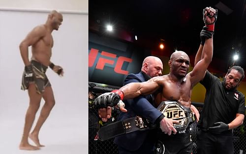 Kamaru Usman's moonwalk (left); Usman after a title-defense against Gilbert Burns(right). [Image courtesy: @ChapoMcGregor & Getty Images]