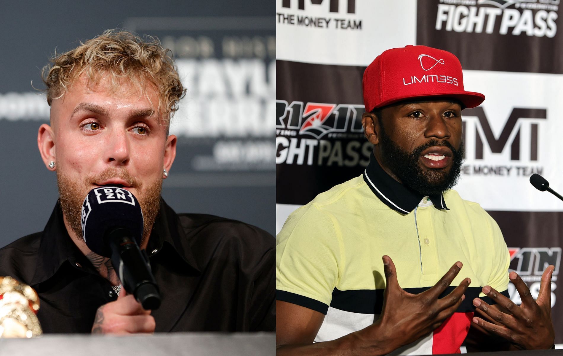 Jake Paul (left) has called out Floyd Mayweather (right)