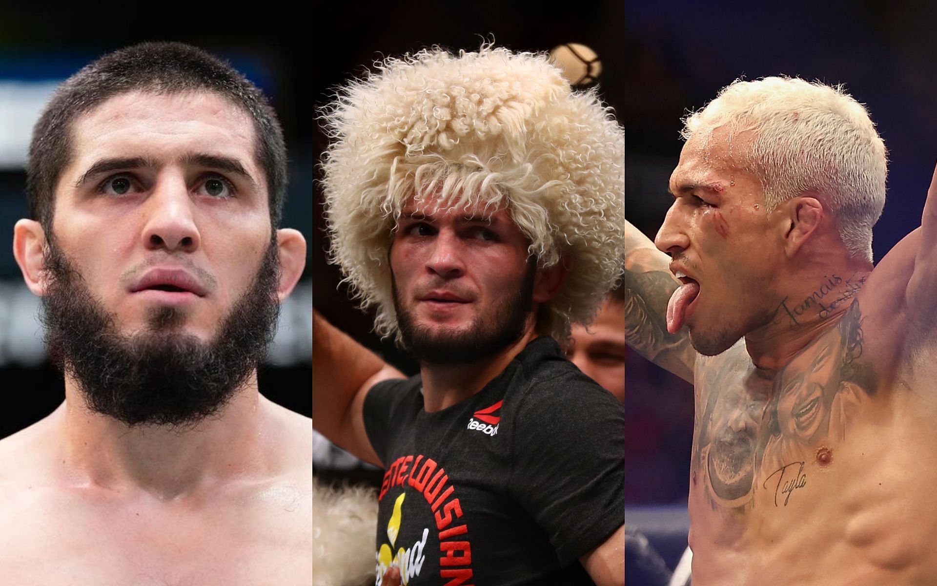 (L-R) Islam Makhachev, Khabib Nurmagomedov, Charles Oliveira