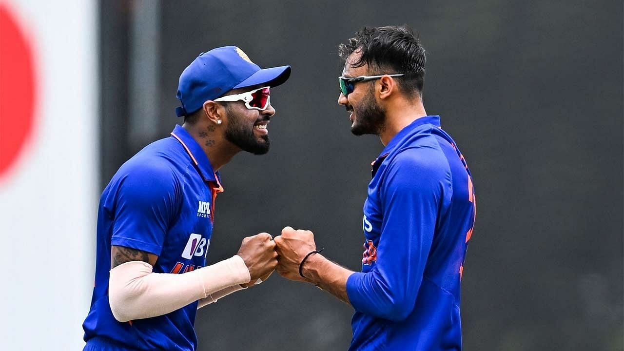 Axar Patel (right) celebrates a wicket with Hardik Pandya. Pic: Twitter