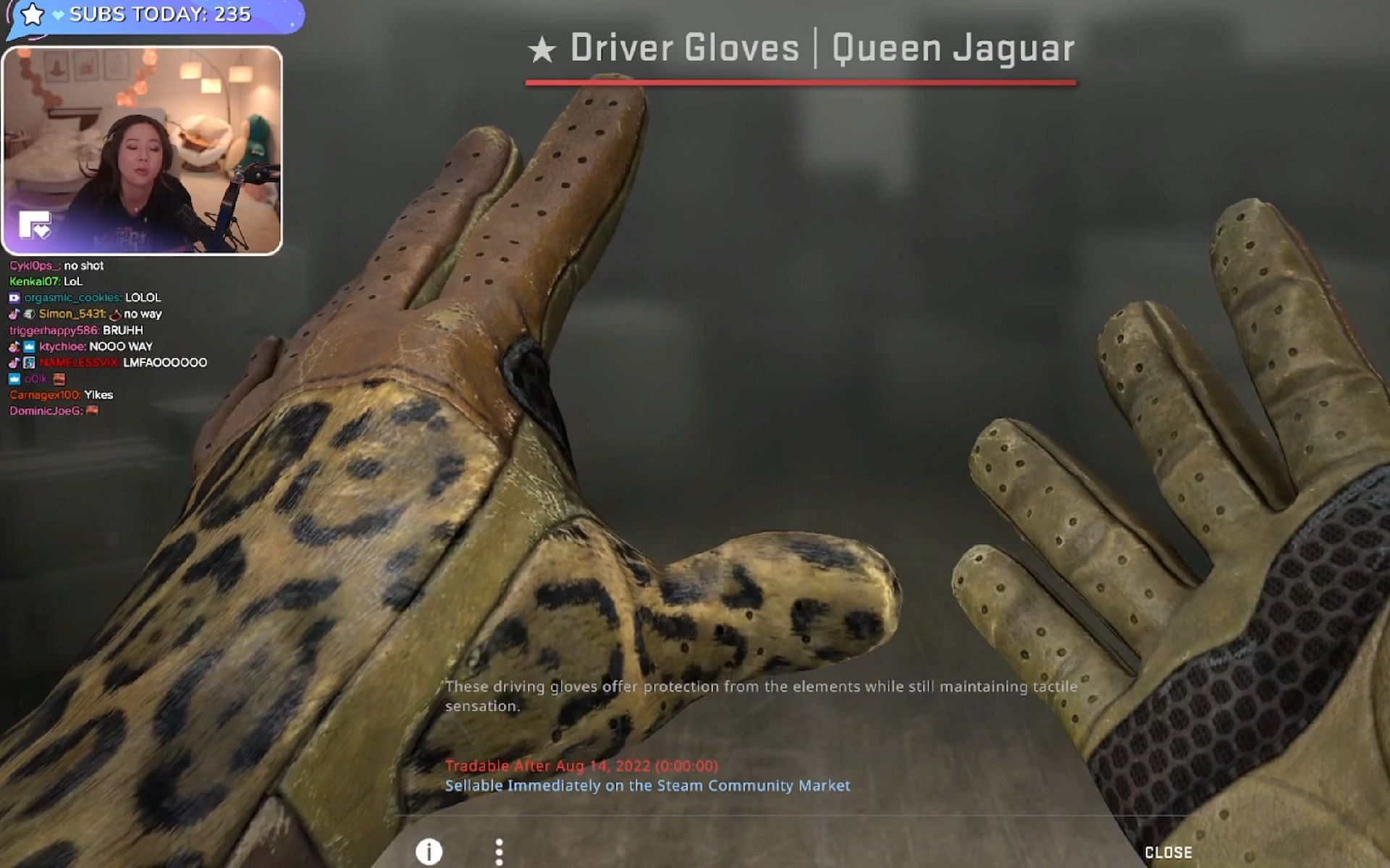 Fuslie gets a rare glove in CS:GO on stream (Image via Fuslie/Twitch)