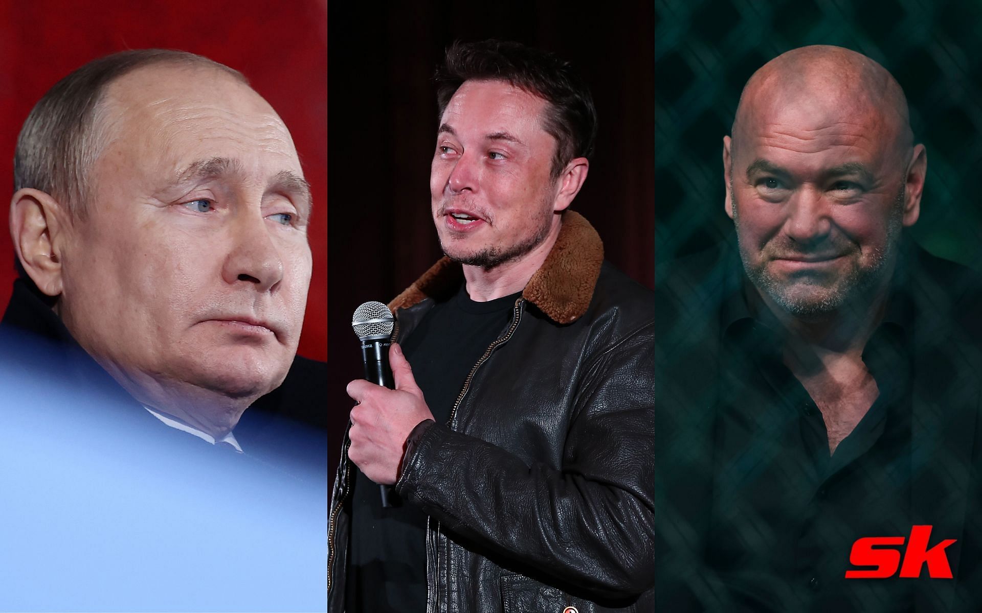 Vladimir Putin (left), Elon Musk (center), Dana White (right)