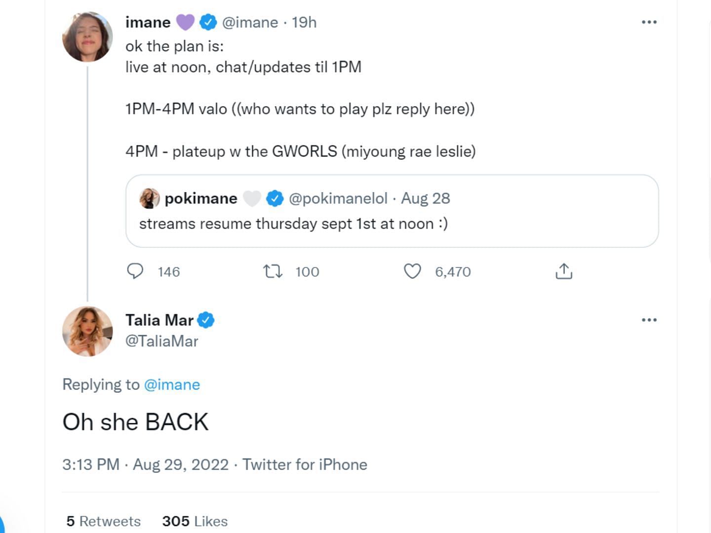 Talia Mar reacted to her streaming update (Image via Imane/Twitter)