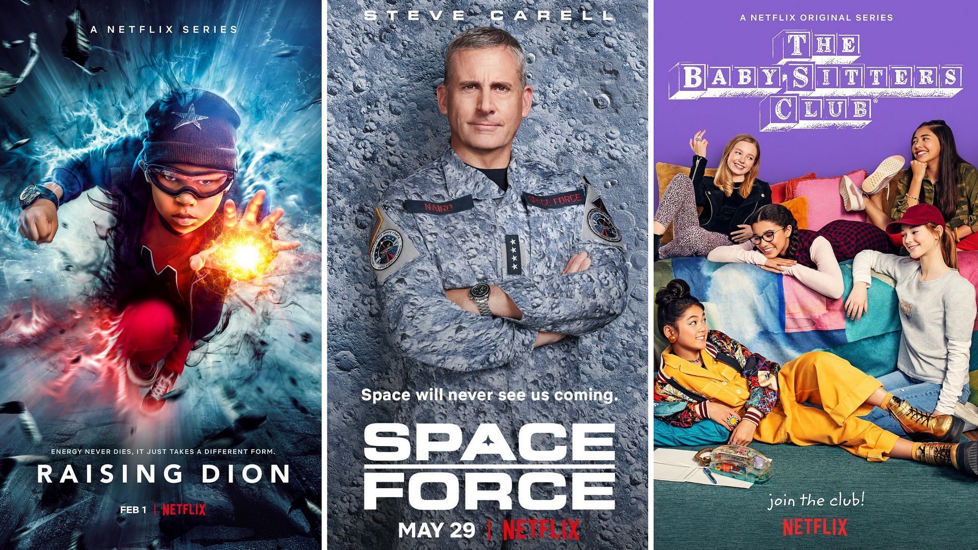 Raising Dion, Space Force and Baby Sitters Club posters (Images via Netflix)