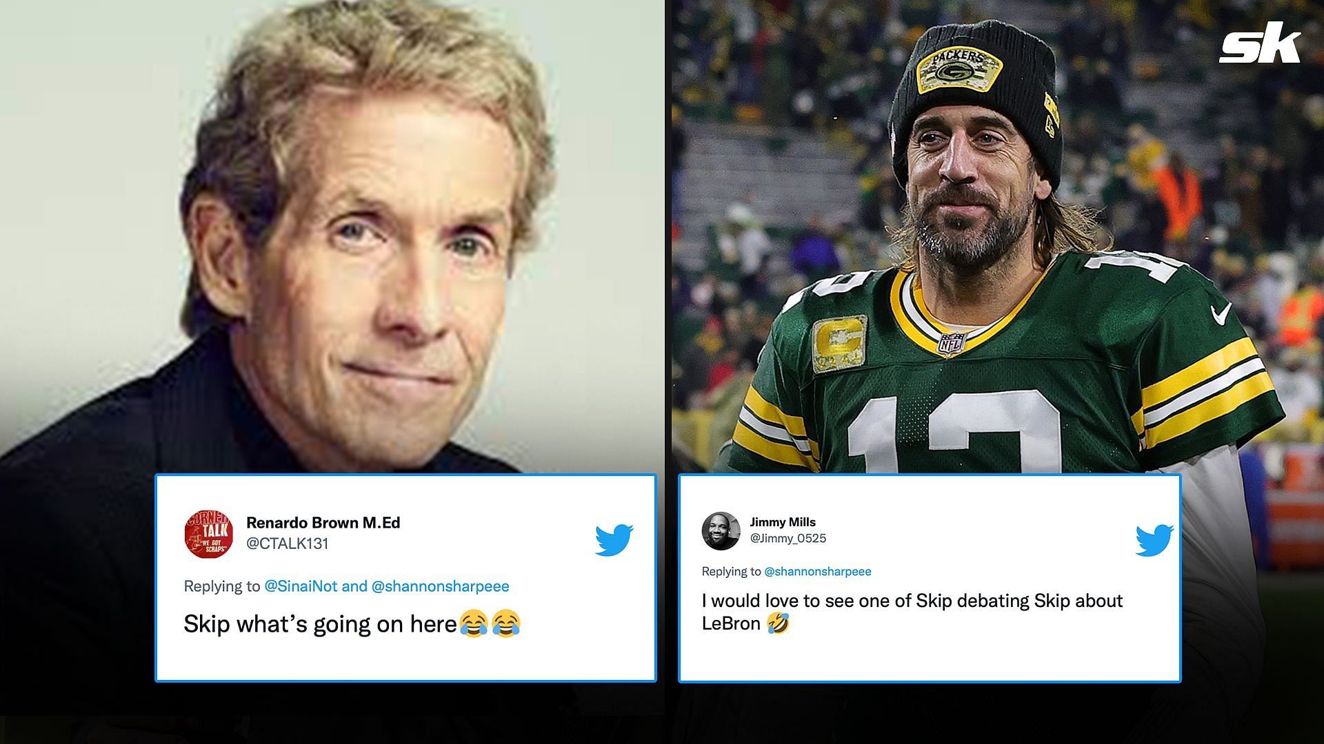 NFL fans on Twitter react to video of Skip Bayless debating himself. The subject was Aaron Rodgers.