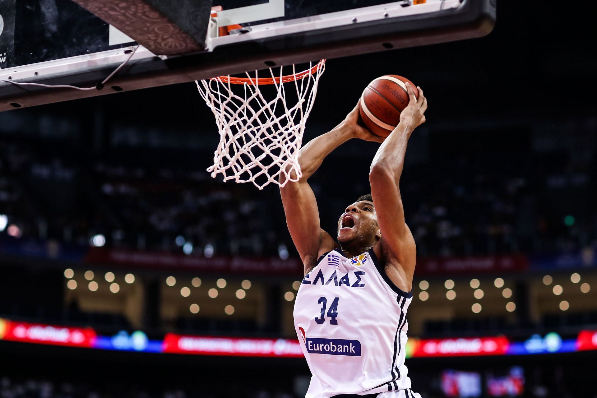 Giannis Antetokounmpo in action for Greece in 2019.