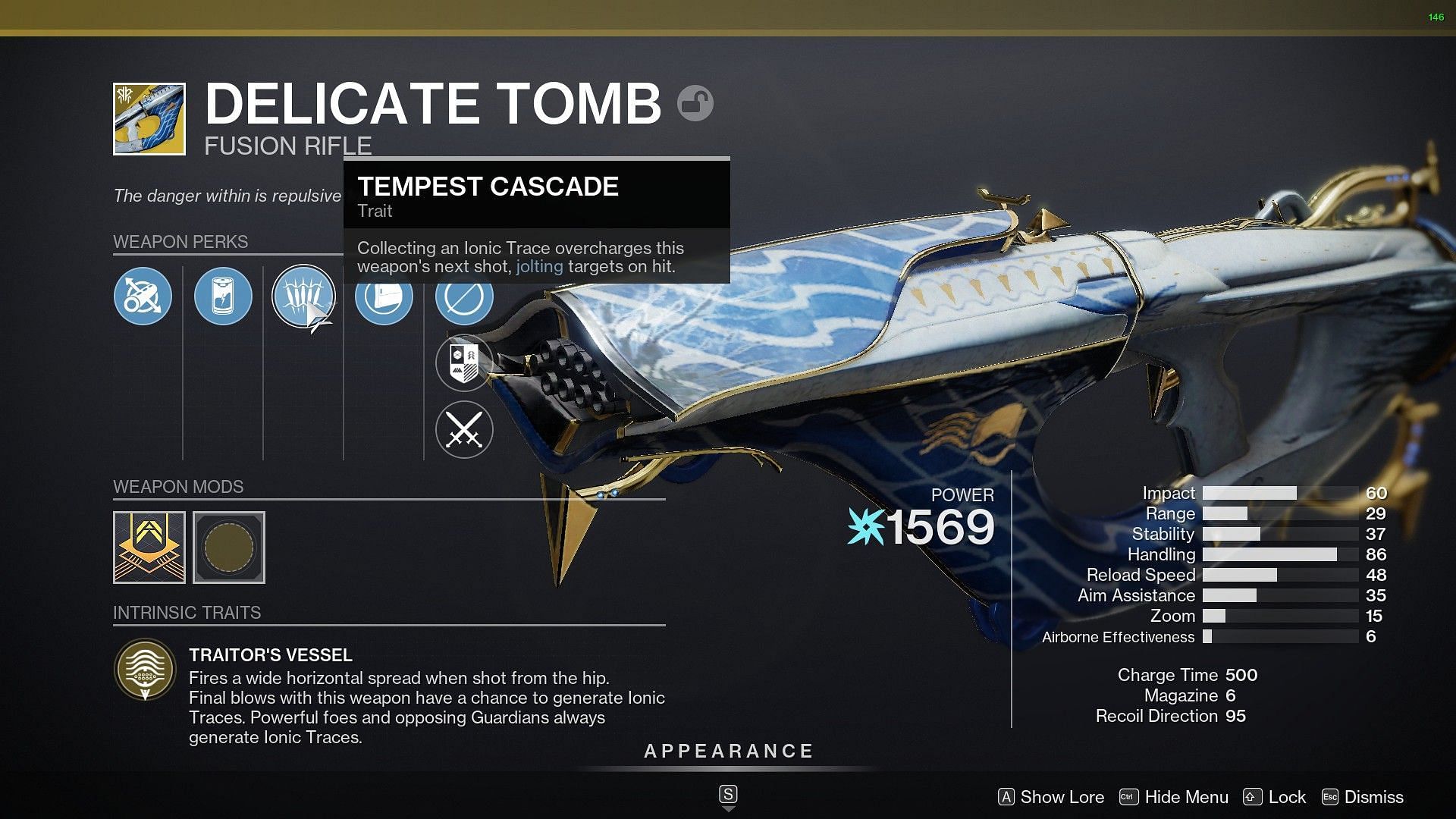 Delicate Tomb Exotic Fusion Rifle perks (Image via Destiny 2)
