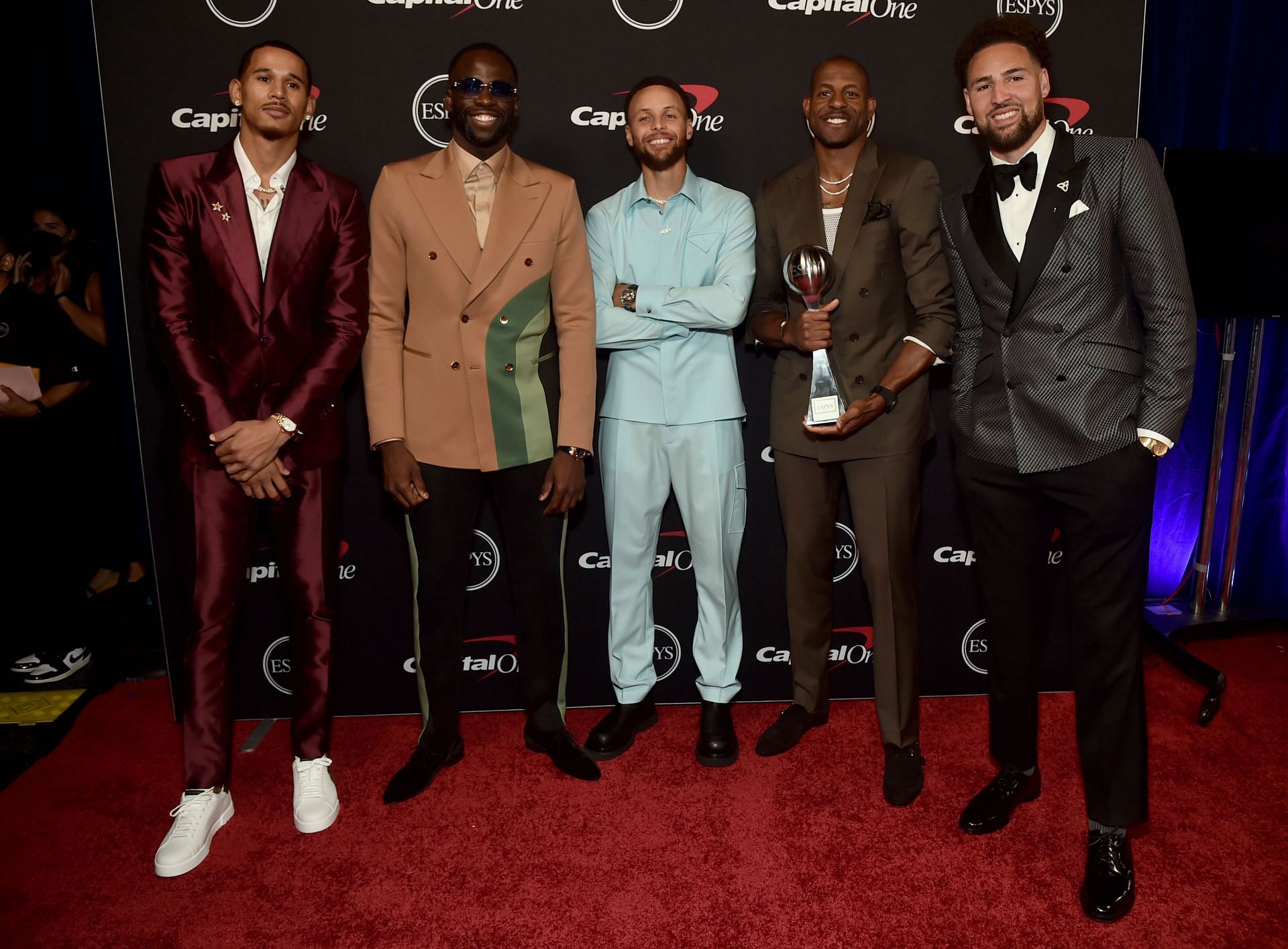 (L-R) Juan Toscano-Anderson, Draymond Green, Steph Curry, Andre Iguodala, and Klay Thompson of the Golden State Warriors