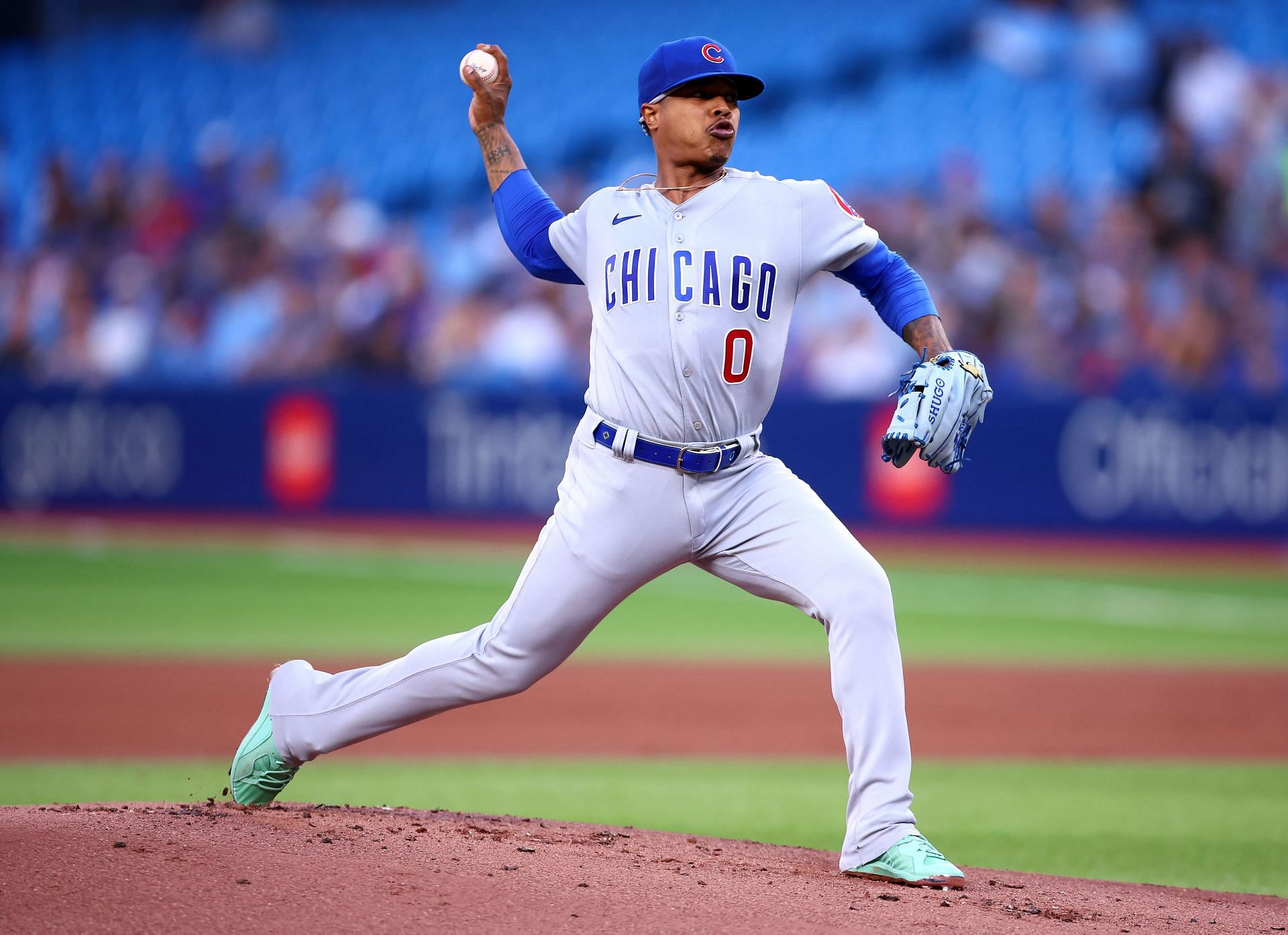 Marcus Stroman pitches during tonight&#039;s Chicago Cubs at Toronto Blue Jays game.