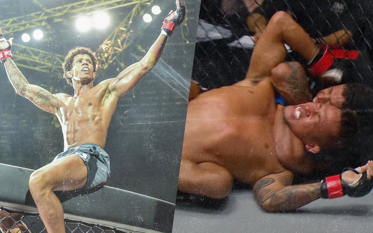 Adriano Moraes (left) submitting Yasuhiro Urushitani (right) [Photo Credit: ONE Championship]