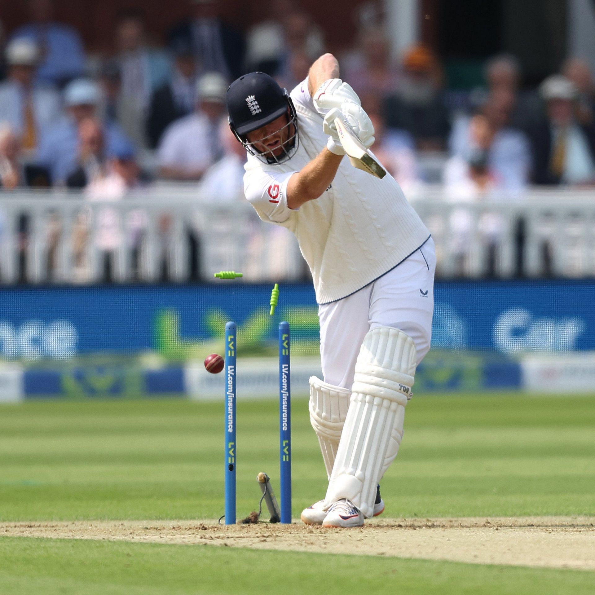 Anrich Nortje cleans up Jonny Bairstow as England are left reeling at lunch on Day One of the first Test.