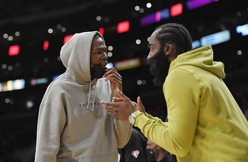 Kevin Durant and James Harden courtside during Brooklyn Nets v Los Angeles Lakers